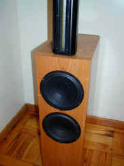 Close-up of ribbon driver and twin Scanspeak bass drivers.